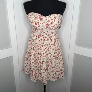 Feathers Dress Women Small White Pink Floral Strapless Sweetheart Mini Skater